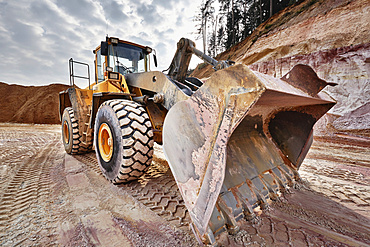 Shovel excavator in kaolin pit, mining of kaolin, Gebenbach, Bavaria, Germany, Europe