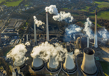 Coal power plant Scholven, E.ON Kraftwerke, cooling towers, chimneys, smoke, Gelsenkirchen, Ruhr district, North Rhine-Westphalia, Germany, Europe