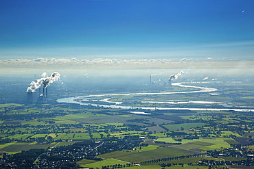 Aerial view, coal power plants on the Rhine, Lower Rhine, floodplains, Rhine bend at Beeckerwerth, Duisburg, Ruhr district, North Rhine-Westphalia, Germany, Europe