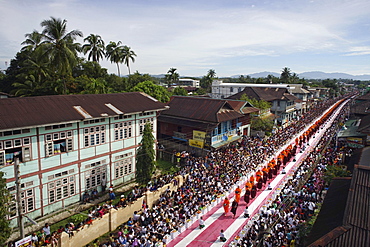 Buddhist monks in the Azarni Road, Bigboon Pilgrims' procession, Dhammakaya Foundation, aerial, Dawei, Tanintharyi Region, Myanmar, Asia