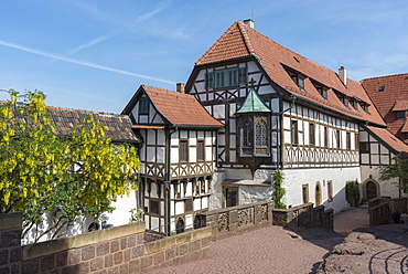 First castle yard of the Wartburg, half-timbered house with Lutherstube, UNESCO World Heritage Site, after renovation in 2014, Eisenach, Thuringia, Germany, Europe