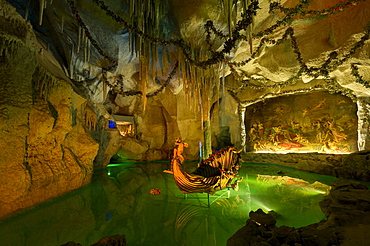 Venus Grotto of King Ludwig II, artificial stalactite cave with a lake and a shell-shaped boat, painting "TannhÃ¤user bei Frau Venus" by August von Heckel, palace gardens of Linderhof Palace, Upper Bavaria, Bavaria, Germany, Europe