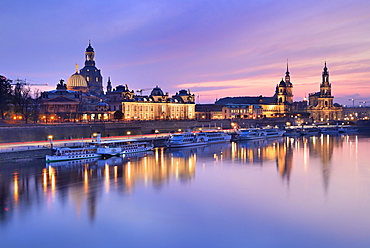 View of the city at sunset with Church of Our Lady, Hofkirche and Residenzschloss, Elbe, Old Town, Dresden, Saxony, Germany, Europe