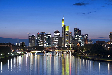 Skyline with river Main at dusk, Frankfurt am Main, Hesse, Germany, Europe