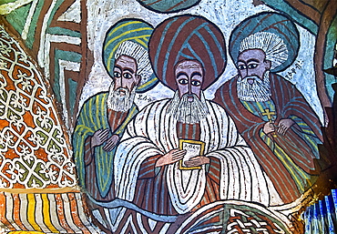 The Saints Isaac, Abraham and Jacob, fresco in the Orthodox rock church Abuna Yemata Guh, Gheralta region, Tigray, Ethiopia, Africa