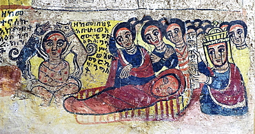 On the left, Gebre Kristos is greeted by two dogs of his father on his arrival, on the right by his parents' grief as they recognize him as their son, Canvas paintings in the Orthodox Church Abreha wa Atsbaha, Gheralta Region, Tigray, Ethiopia.