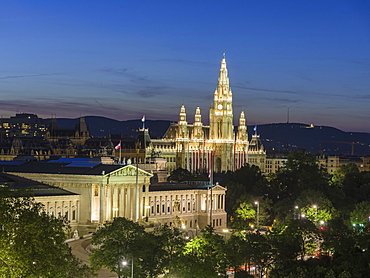 View of Parliament and City Hall at night, Vienna, Austria, Europe