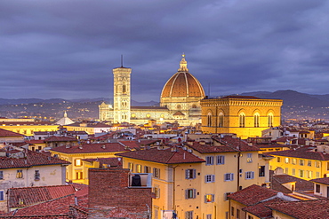 View over Florence with Cathedral Duomo Santa Maria del Fiore and church Orsanmichele at dusk, Florence, Tuscany, Italy, Europe