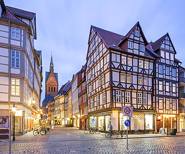 Half-timbered houses on Holzmarkt, Old Town, at dusk, Hannover, Lower Saxony, Germany, Europe