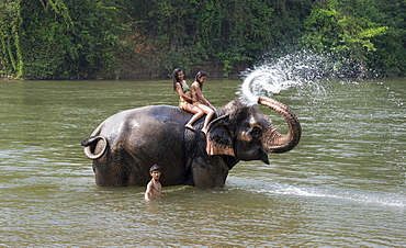 Elephant spraying two tourists, Kanchanaburi Province, Central Thailand, Thailand, Asia