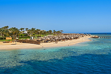 Beach with umbrellas, Port Ghalib, Marsa Alam, Red Sea, Egypt, Africa