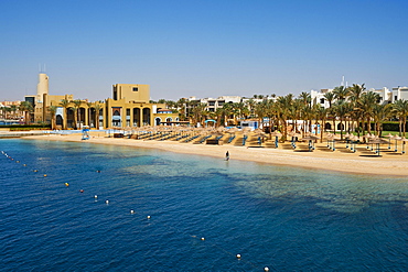 Beach with umbrellas, Port Ghalib, Marsa Alam, Red Sea, Egypt, Africa