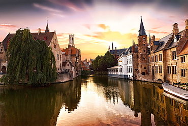 Rozenhoedkaai, The Quai of the Rosary with canal and belfry at sunset, historic center, UNESCO World Heritage Site, Bruges, Flanders, Belgium, Europe