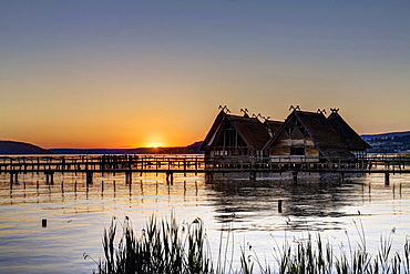 Pfahlbaumuseum Unteruhldingen at sunset, archaeological open-air museum, Lake Constance, Unteruhldingen, Baden-Württemberg, Germany, Europe