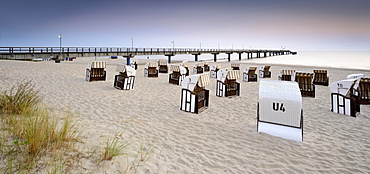 Pier and chairs on beach, morning light, Bansin, Usedom, Mecklenburg-Western Pomerania, Germany, Europe