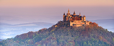 Hohenzollern castle in early morning light, autumn, Swabian Jura, Zollernalb, Hechingen, Baden-Württemberg, Germany, Europe