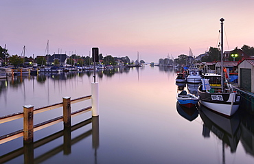 Morning atmosphere at the port of Wieck, River Ryck, behind the mouth in the Bay of Greifswald, Greifswald, Mecklenburg-Western Pomerania, Germany, Europe