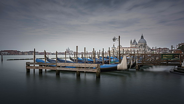 Gondolas in the Canale di San Marco, in the back church Santa Maria della Salute, lagoon of Venice, Venetia, Italy, Europe