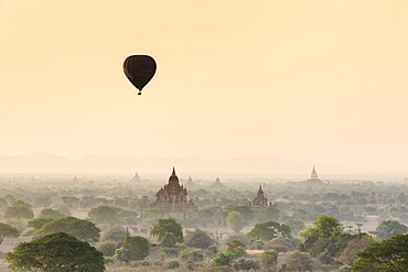 Hot air balloon over Bagan temples at sunrise, Bagan, Division Mandalay, Myanmar, Asia