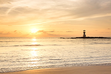 Lighthouse on Khao Lak beach at sunset, Khao Lak National Park, Thailand, Asia