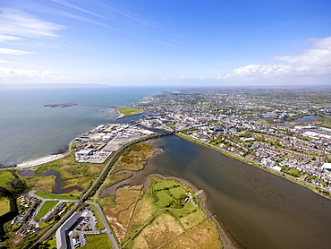 View of town and harbour, docks, Lough Atalia Road, Galway, County Clare, Ireland, Europe