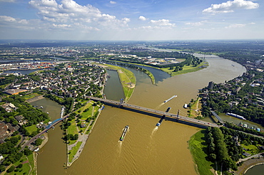 Aerial view, Cargo ships on the Rhine, brown flood mixes with the clean water of the Ruhr, Ruhr estuary, Duisburg, Ruhr district, North Rhine-Westphalia, Germany, Europe