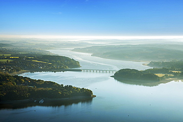 View of Möhnesee, morning mist, Sauerland, North Rhine-Westphalia, Germany, Europe