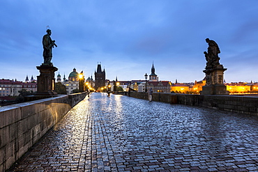 Charles Bridge at dusk, Prague, Bohemia, Czech Republic, Europe