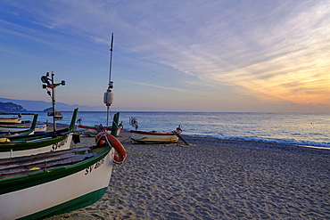 Fishing boats on the beach, sunrise, Noli, Riviera di Ponente, Liguria, Italy, Europe