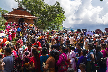 Local people waiting with roosters for sacrifice, The Khadga Devi Mandir Temple, Darsain Hindu Festival, Bandipur, Tanahun, Nepal, Asia