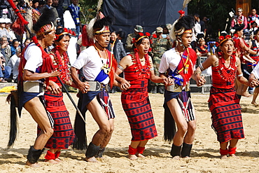 Tribal ritual dance at the Hornbill Festival, Kohima, Nagaland, India, Asia