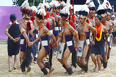 Tribal ritual dance at the Hornbill Festival, Kohima, Nagaland, India, Asia