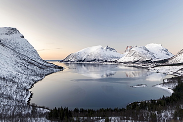 Norwegian fjord at dusk, Bergspoten, Senja, Norway, Europe