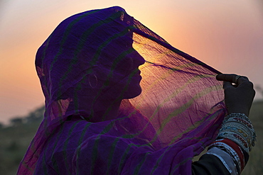 A Indian woman with colorful head scarf and jewellery, portrait, Pushkar, Rajasthan, India, Asia