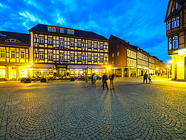 Marketplace at dusk, historic centre, half-timbered houses, Wernigerode, Harz, Saxony-Anhalt, Germany, Europe