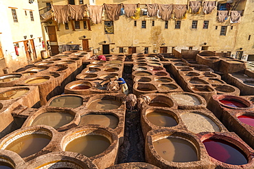 Leather dyeing tanks, dyeing plant, Tannerie Chouara tannery, Fes el Bali tannery and dyeing district, Fez, Morocco, Africa