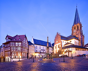 Collegiate Church of St. Peter and Alexander with Stiftsmuseum, Twilight, Aschaffenburg, Lower Franconia, Bavaria, Germany, Europe