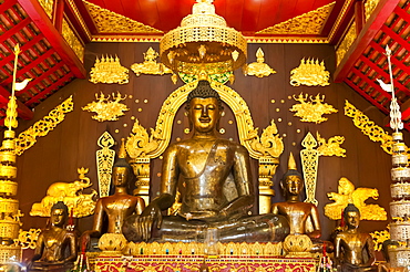 Sacred Buddha statue in Ubosoth or Bot, temple complex Wat Phra Kaew, Chiang Rai, Chiang Rai province, northern Thailand, Thailand, Asia