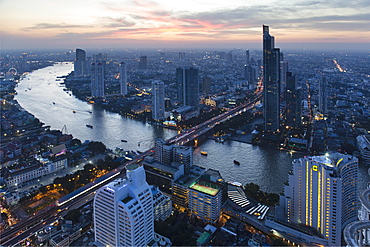 View from Lebua State Tower with Chao Phraya River, bridge to Khlong San, dusk, Bang Rak District, Bangkok, Thailand, Asia