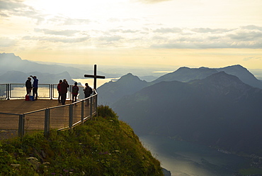 Tourists on the Stoos-Fronalpstock observation deck, view of Rigi and Lake Lucerne, Canton of Schwyz, Switzerland, Europe