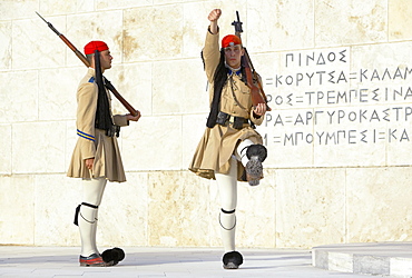 Evzone soldiers performing change of guard, Athens, Greece, Europe