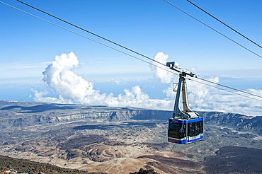 View from the mountain station in the crater of the volcano Teide with gondola of the cable car, Teide National Park, Parque Nacional de las Canadas del Teide, Tenerife, Spain, Europe