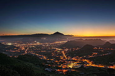 View over San Cristobal de La Laguna to Mount Teide at sunset, Tenerife, Spain, Europe