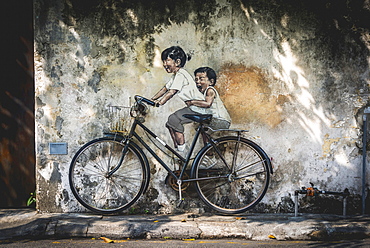 Little Children on a Bicycle, mural, Streetart, by Lithuanian artist Ernest Zacharevic, George Town Festival 2012, Armenian Street, George Town, Penang, Malaysia, Asia