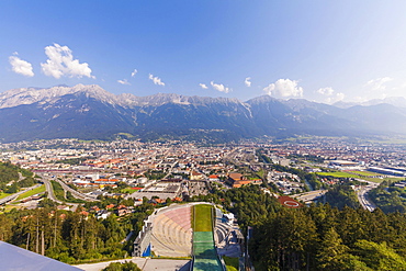 View from the ski jump tower, ski jump, Bergisel Stadium, Bergisel, Innsbruck, Tyrol, Austria, Europe