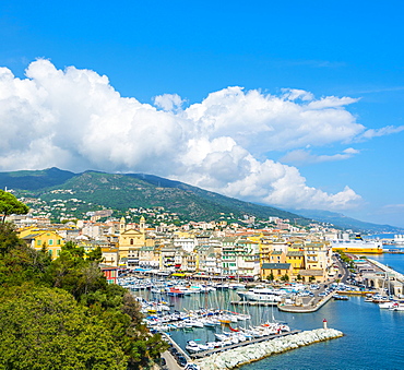 Overview of the old town and the old harbor, Bastia, Corsica, France, Europe