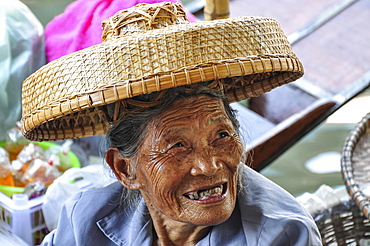 Old woman with hat, portrait, Bangkok, Thailand, Asia