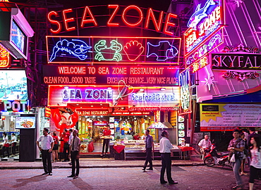 Walking Street, Sea Zone Seafood Restaurant, neon signs, Pattaya, Chon Buri Province, Thailand, Asia