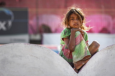 Girl sitting on a wall, portrait, Pushkar, Rajasthan, India, Asia