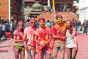 Participants of the colour run, part of the Holi festival celebrations, Kathmandu, Nepal, Asia